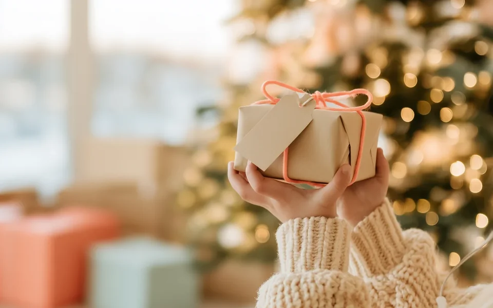 Hände halten ein verpacktes Geschenk vor dem Weihnachtsbaum