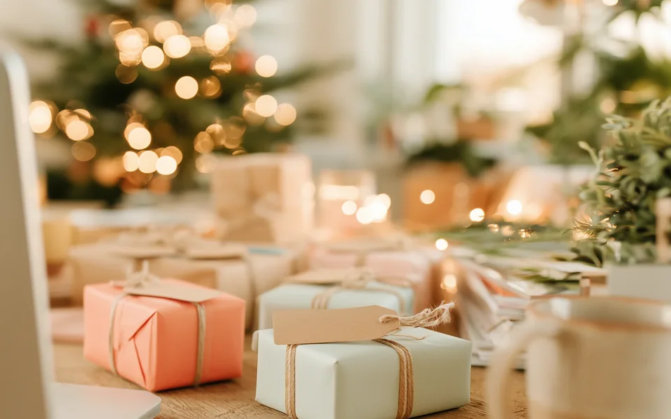 Verpackte Wichtelgeschenke mit Namensanhängern auf einem Tisch