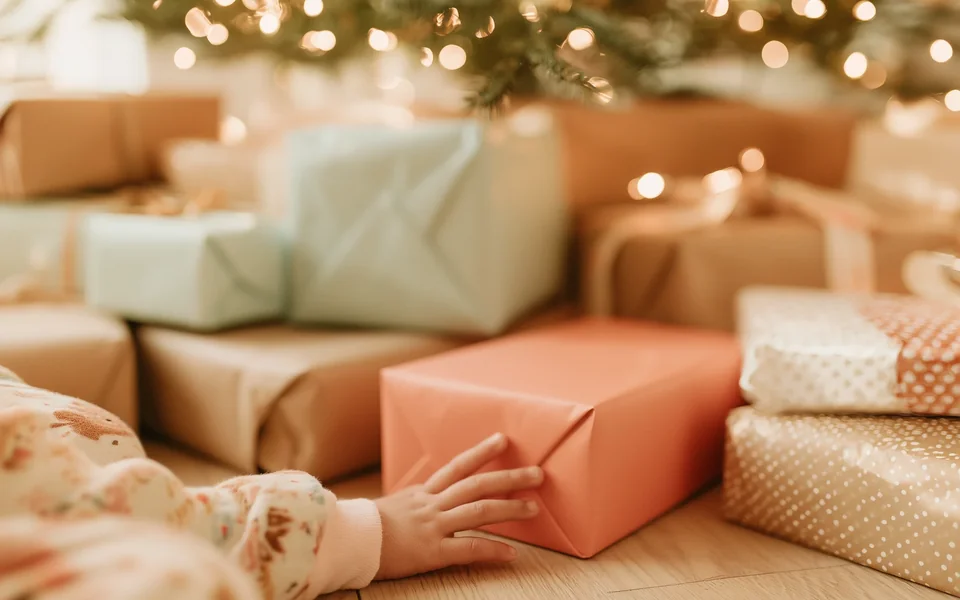 Kinderhand greift unter dem Weihnachtsbaum nach einem Geschenk