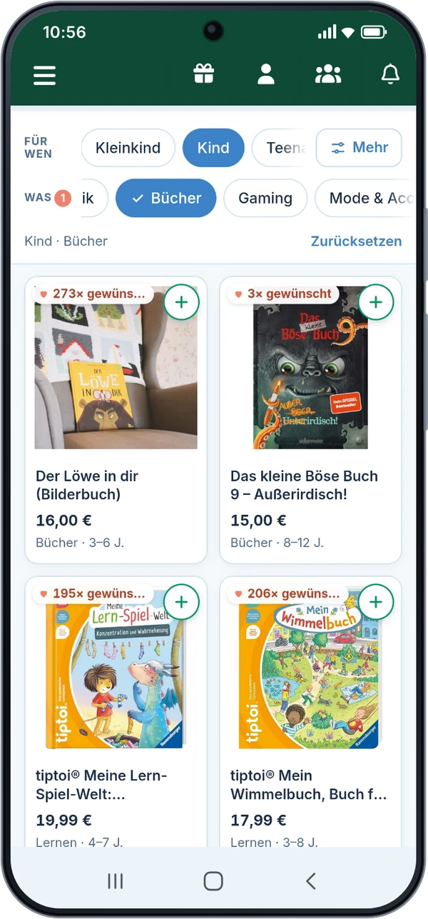 „Lass dich inspirieren" in der App: oben die Filter „Für wen" und „Was", darunter Buchideen mit Preis und der Angabe, wie oft sie gewünscht wurden.