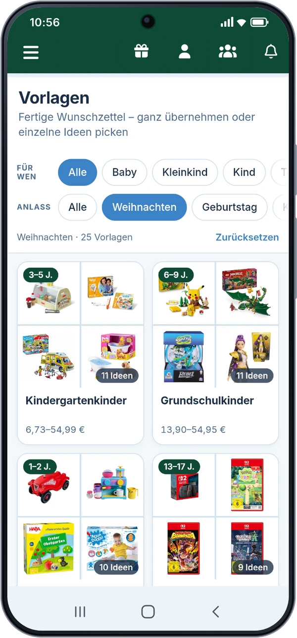 Die Vorlagen in der App: oben die Filter „Für wen" und „Anlass", darunter Weihnachts-Wunschzettel für Kindergartenkinder und Grundschulkinder.