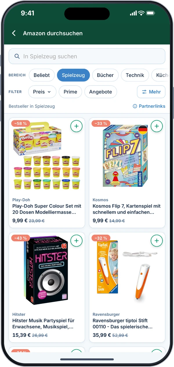 „Amazon durchsuchen" in der App: Bereich Spielzeug, darunter die Filter Preis, Prime und Angebote und die Bestseller mit Bild, Marke und Preis.