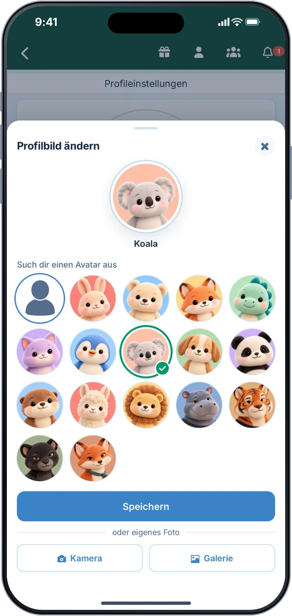 „Profilbild ändern" in der App: oben groß der ausgewählte Koala, darunter 16 Tier-Avatare zur Auswahl und die Knöpfe Speichern, Kamera und Galerie.