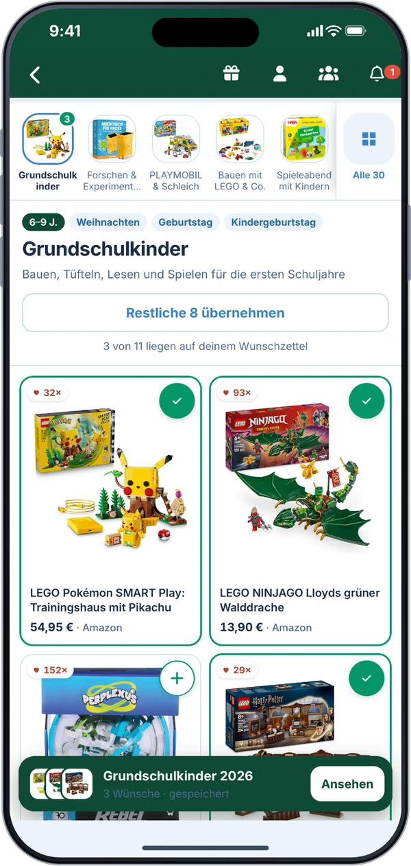 Die Vorlage „Grundschulkinder" mit drei abgehakten Wünschen. Unten zeigt eine Leiste: „Grundschulkinder 2026, 3 Wünsche, gespeichert" mit dem Knopf „Ansehen".
